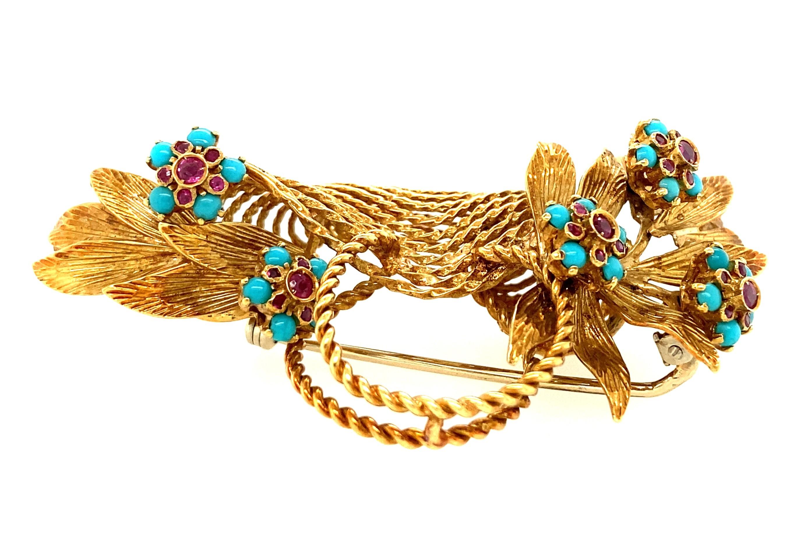 18k Yellow Gold Turquoise and Ruby En Tremblant Basket of Flowers Brooch 1960s In Good Condition In Towson, MD