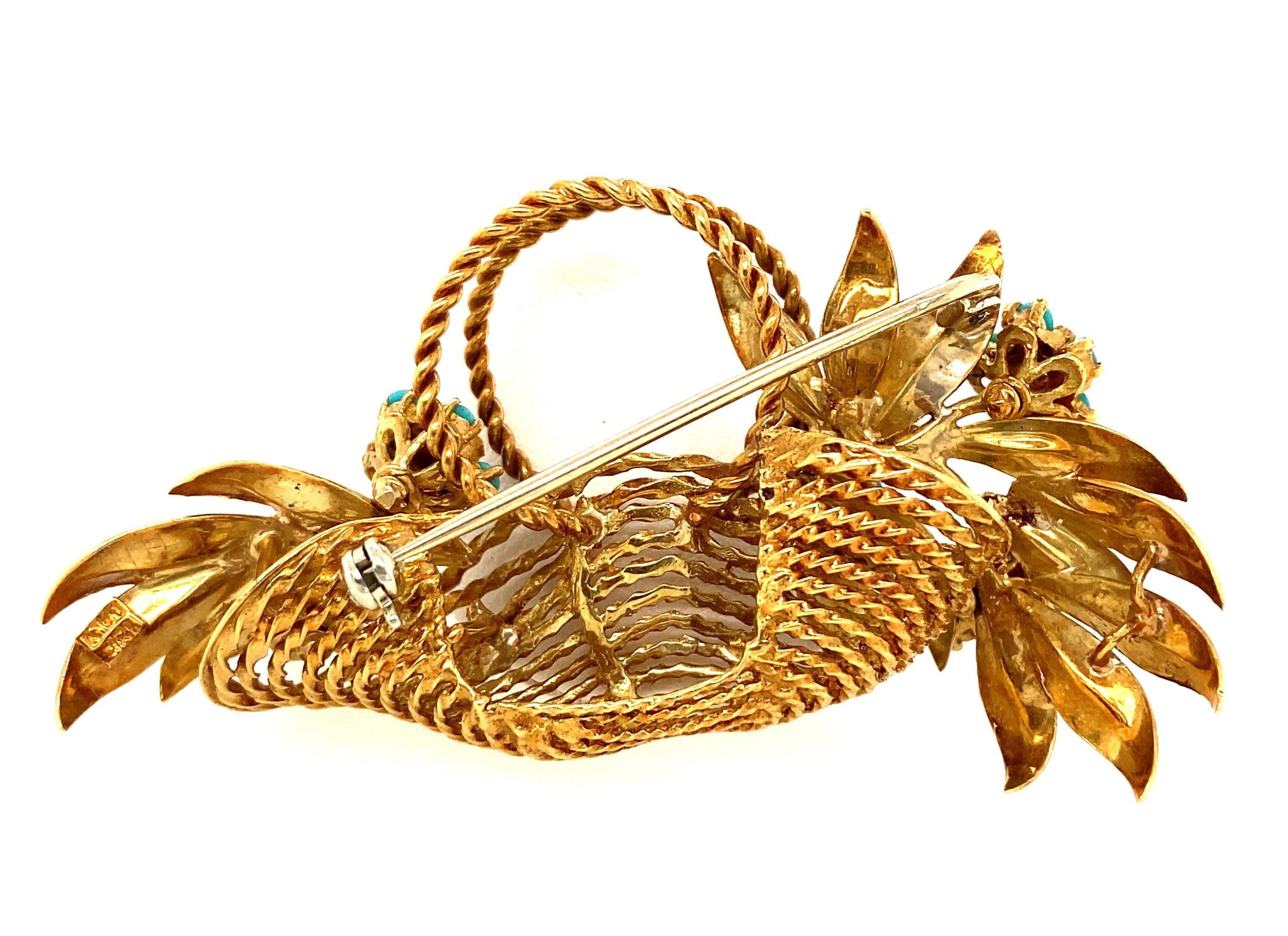 Women's or Men's 18k Yellow Gold Turquoise and Ruby En Tremblant Basket of Flowers Brooch 1960s