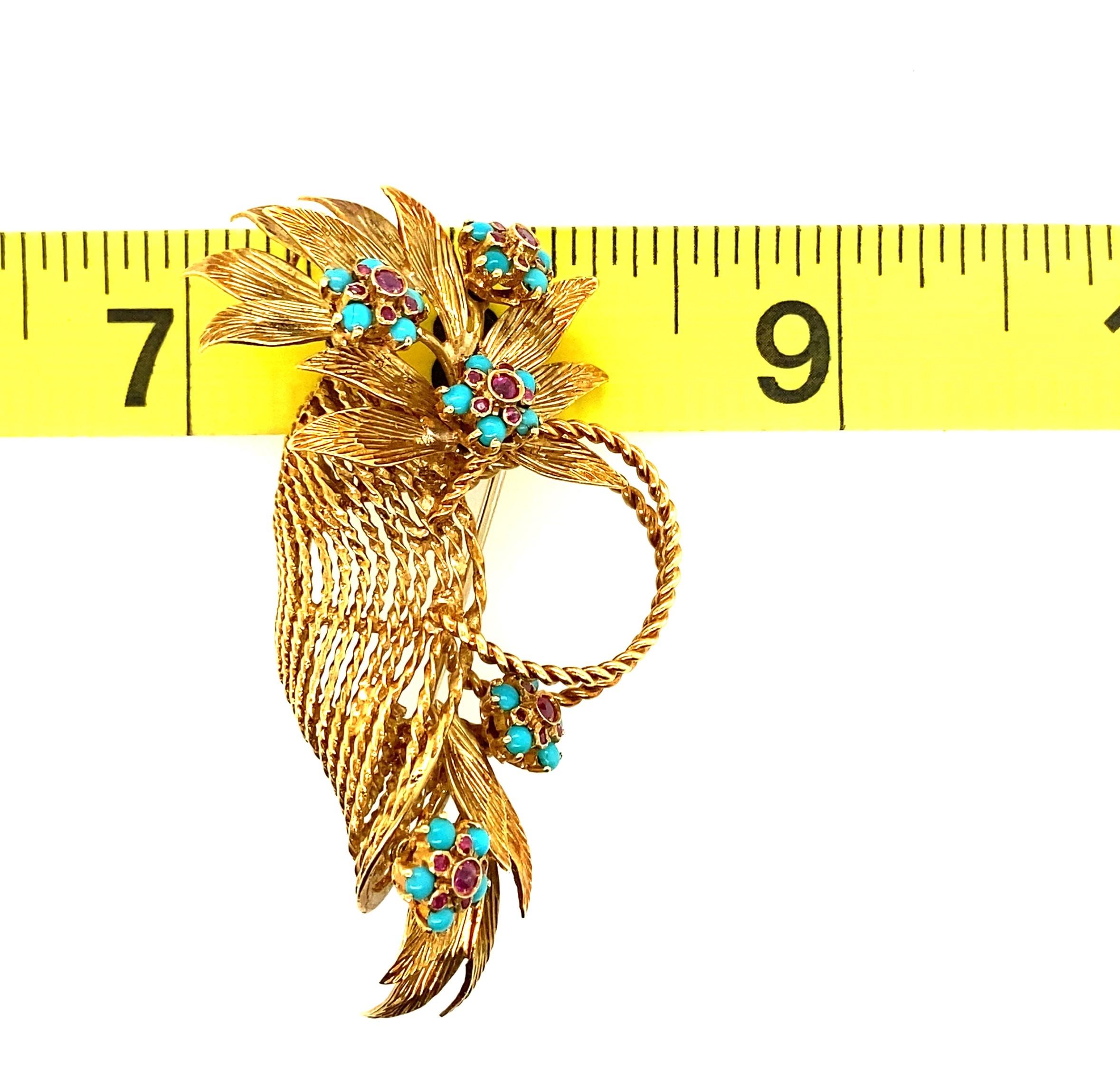 18k Yellow Gold Turquoise and Ruby En Tremblant Basket of Flowers Brooch 1960s 2