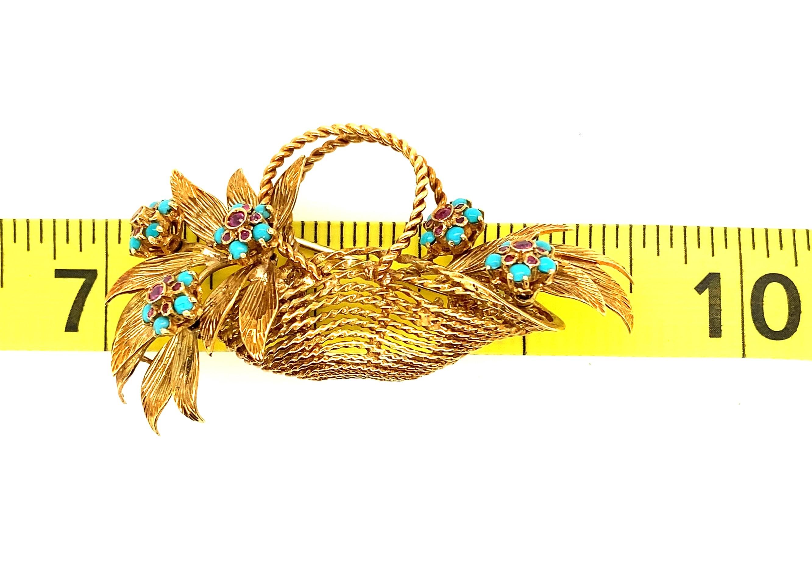 18k Yellow Gold Turquoise and Ruby En Tremblant Basket of Flowers Brooch 1960s 3