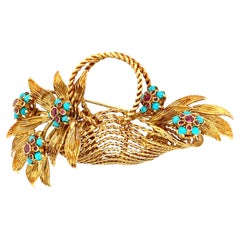 Retro 18k Yellow Gold Turquoise and Ruby En Tremblant Basket of Flowers Brooch 1960s