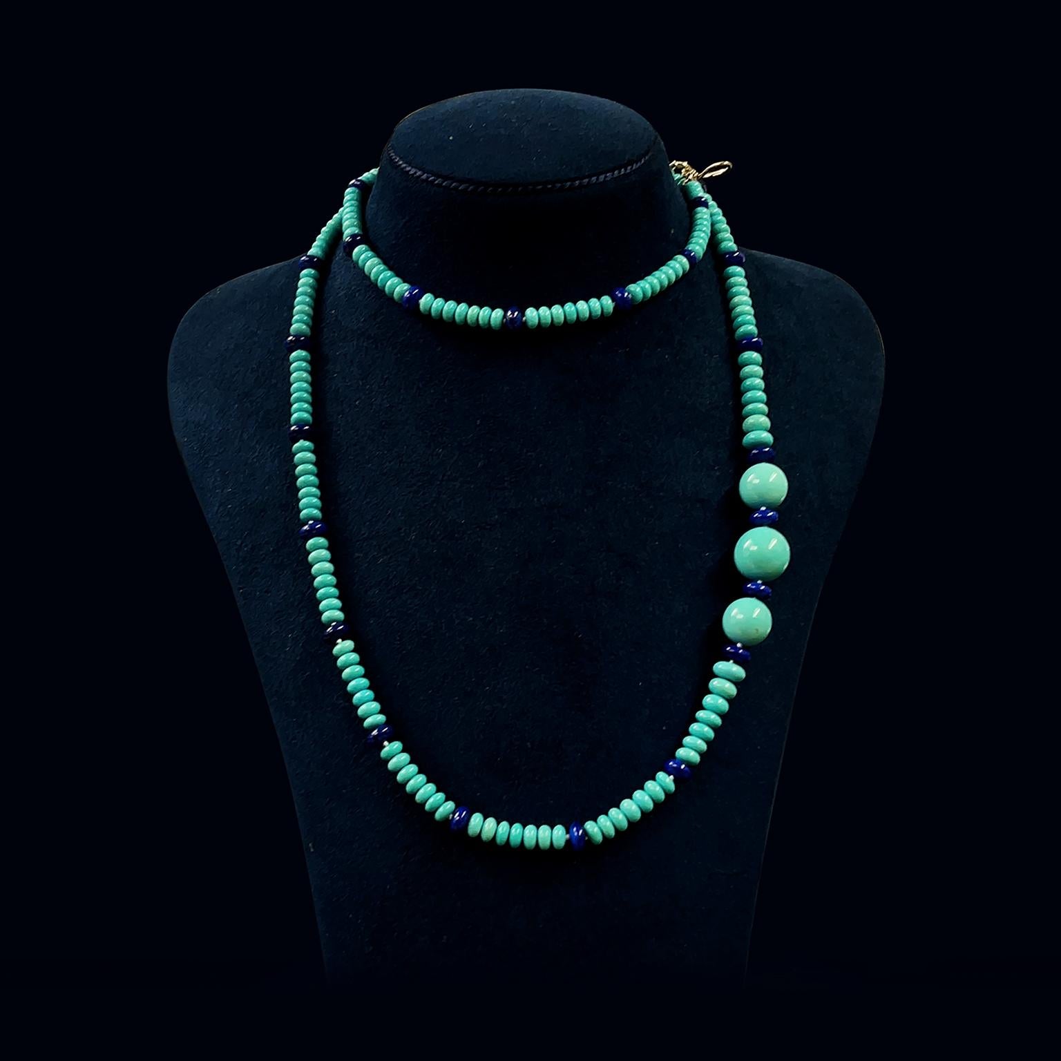 Bead 18K Yellow Gold Turquoise Ball and Lapis Rondelle Necklace For Sale