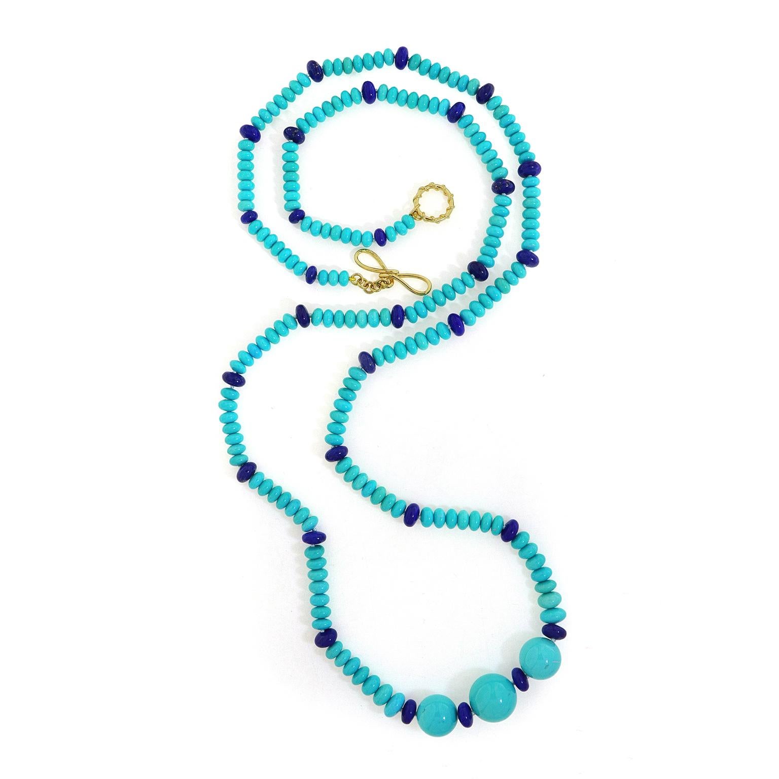 18K Yellow Gold Turquoise Ball and Lapis Rondelle Necklace In New Condition For Sale In New York, NY