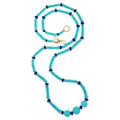 18K Yellow Gold Turquoise Ball and Lapis Rondelle Necklace