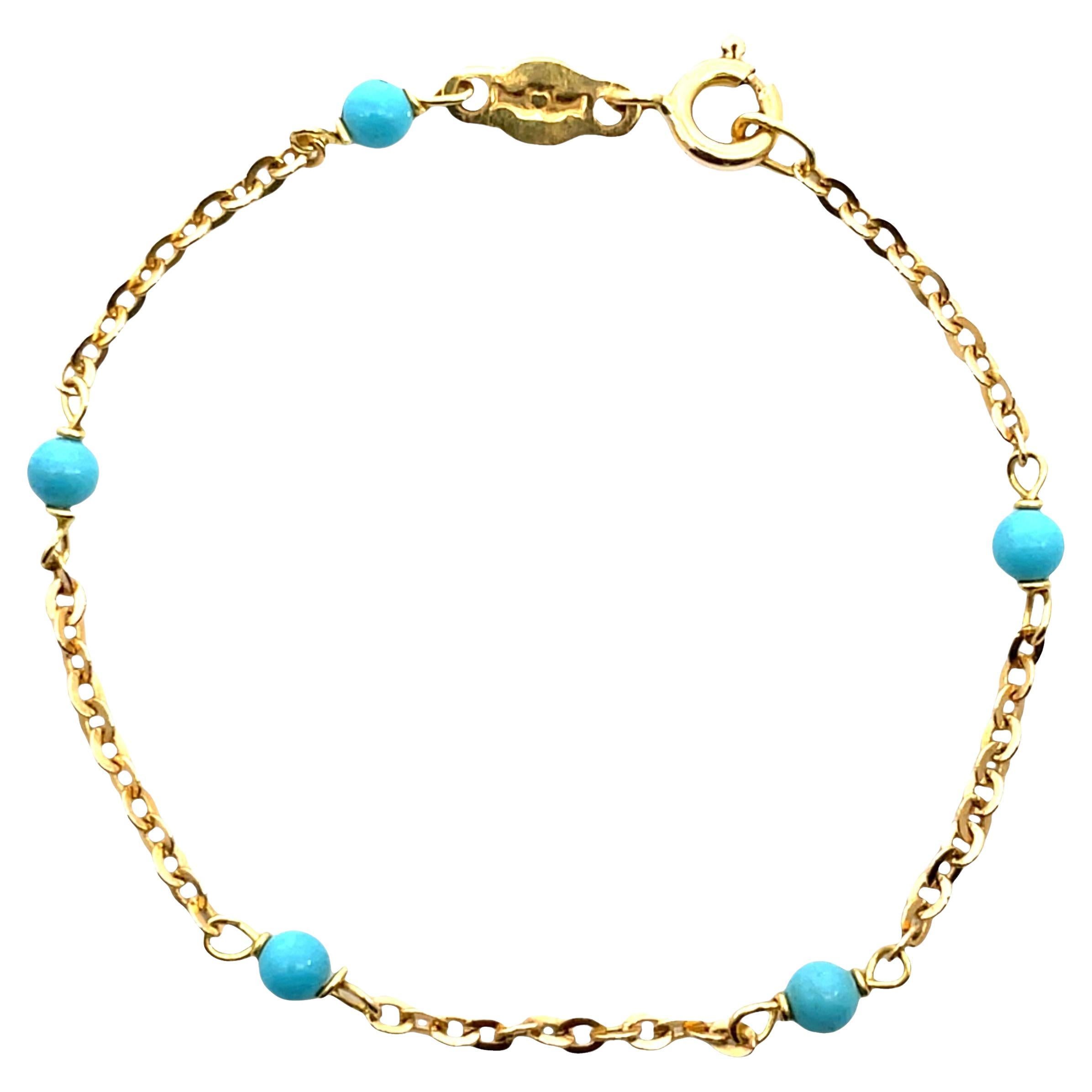 18K Yellow Gold Turquoise Bead Chain Bracelet
