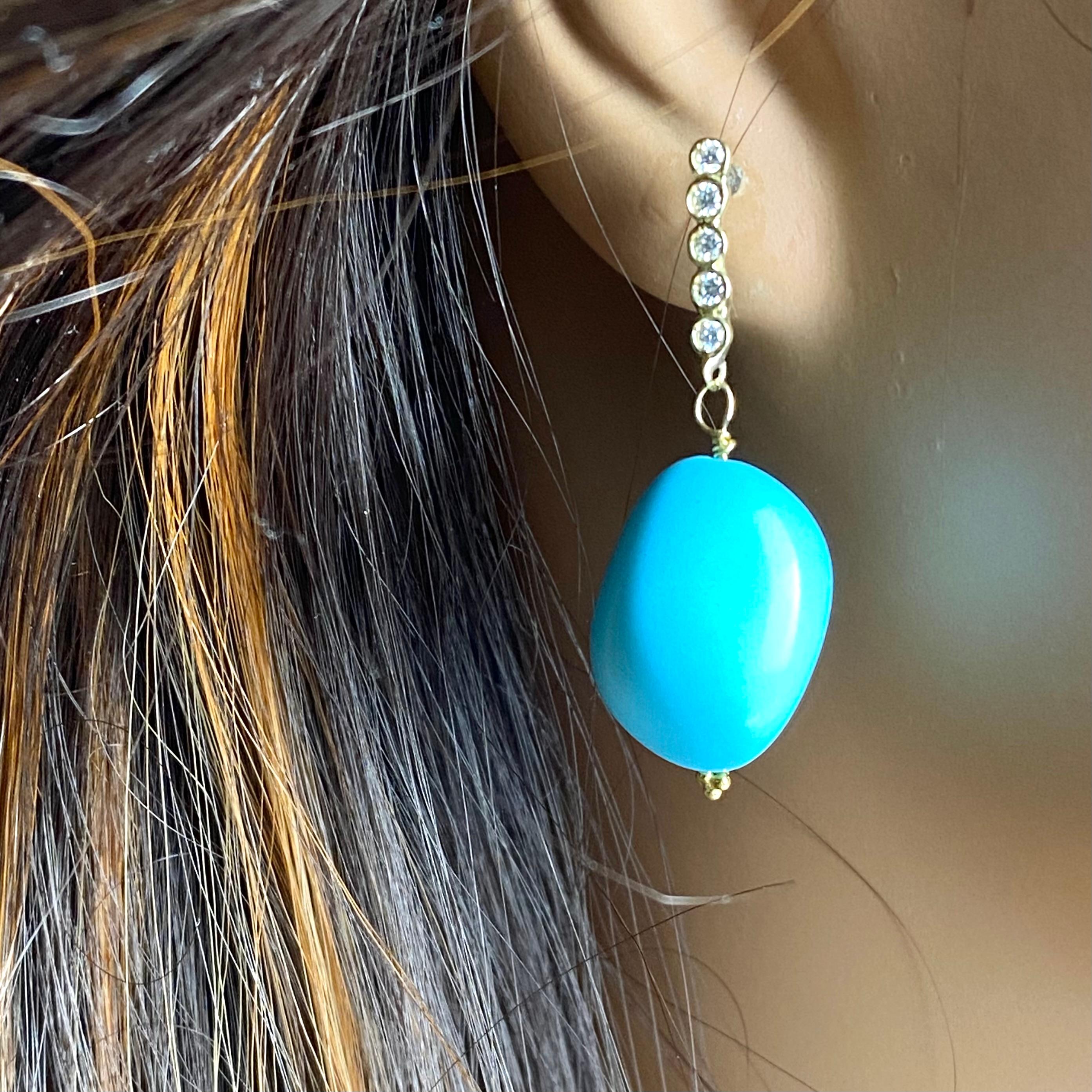 Pendientes Gota de Cuentas de Turquesa en Oro Amarillo de 18 K con Detalles de Diamantes Moderno en venta