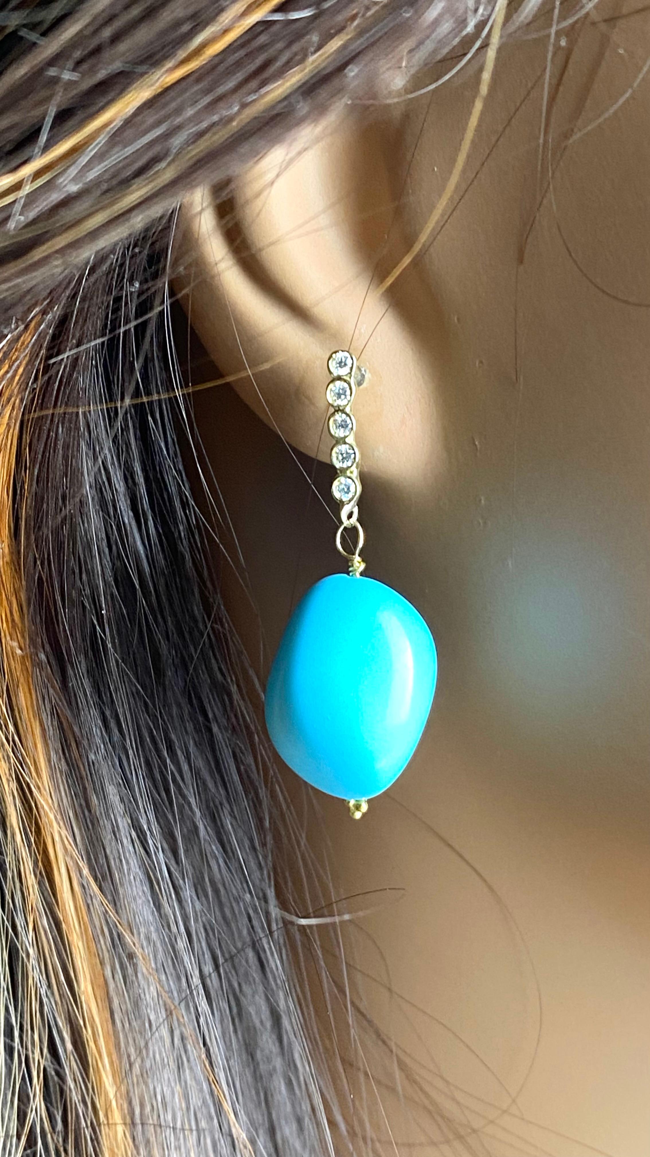 De las mujeres Pendientes Gota de Cuentas de Turquesa en Oro Amarillo de 18 K con Detalles de Diamantes en venta