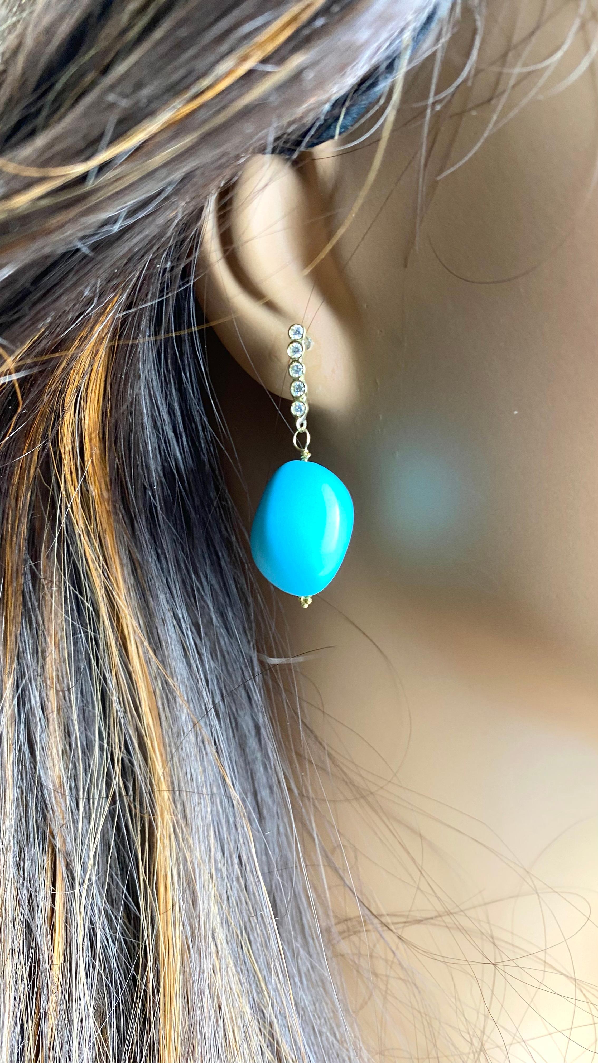 Pendientes Gota de Cuentas de Turquesa en Oro Amarillo de 18 K con Detalles de Diamantes en venta 1
