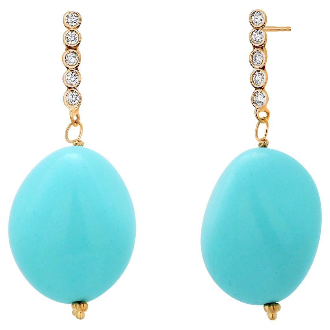 Pendientes Gota de Cuentas de Turquesa en Oro Amarillo de 18 K con Detalles de Diamantes en venta