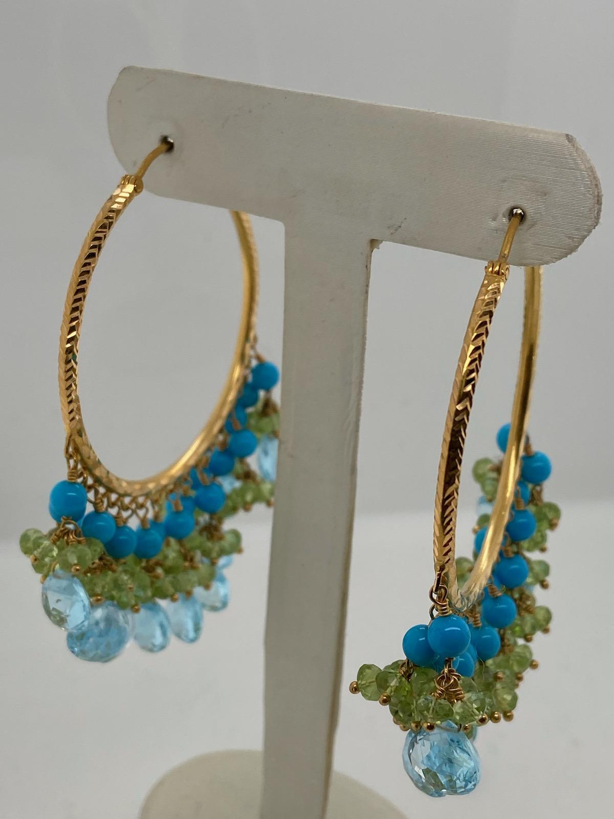 18 Karat Yellow Gold Turquoise, Blue Topaz and Peridot Fashion Hoop Earrings For Sale 1