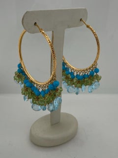 18 Karat Yellow Gold Turquoise, Blue Topaz and Peridot Fashion Hoop Earrings