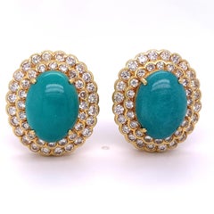 18k Yellow Gold Turquoise Cabochon 3.15 ct Diamond Double Bezel Clip-On Earrings