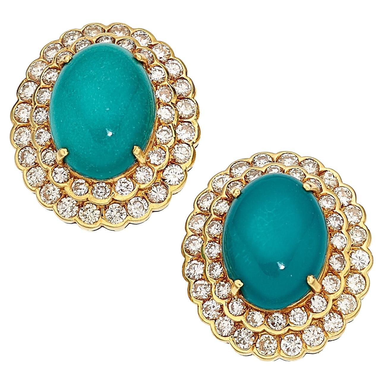 18k Yellow Gold Turquoise Cabochon 3.15 ct Diamond Double Bezel Clip-On Earrings
