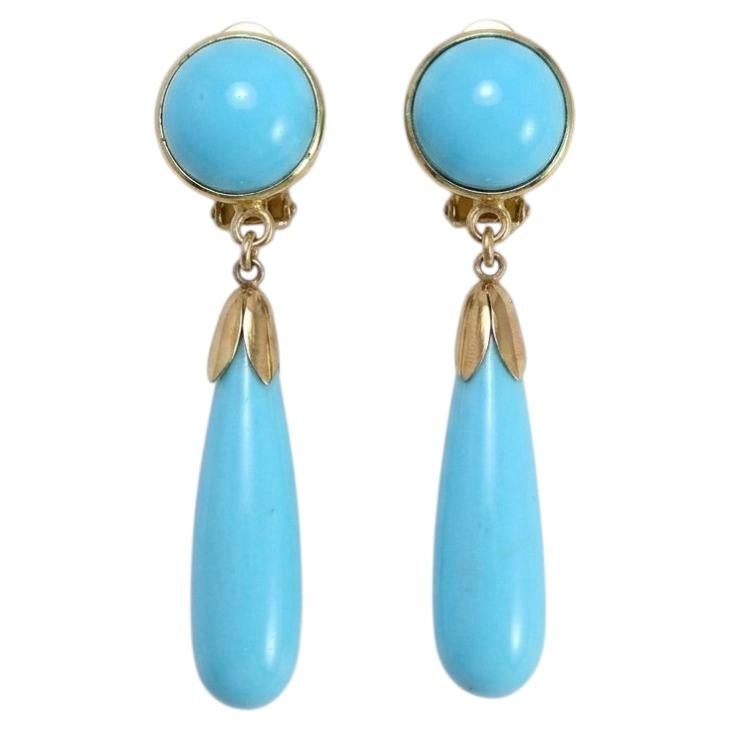 18k Yellow Gold Turquoise Cabochon and Drop Earrings