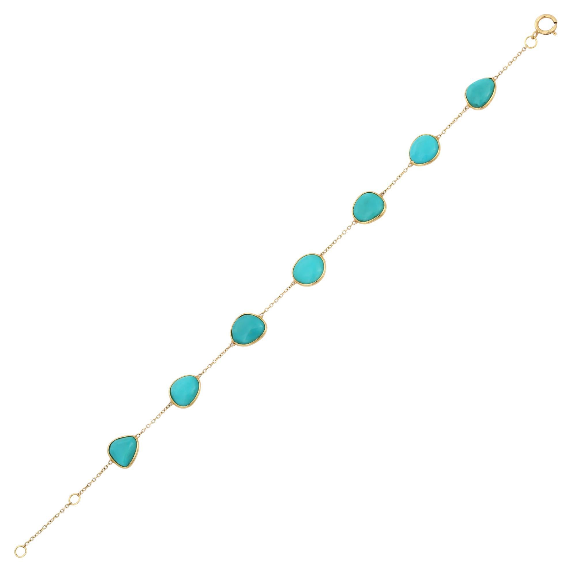 Modern 18K Yellow Gold Turquoise Chain Bracelet For Sale