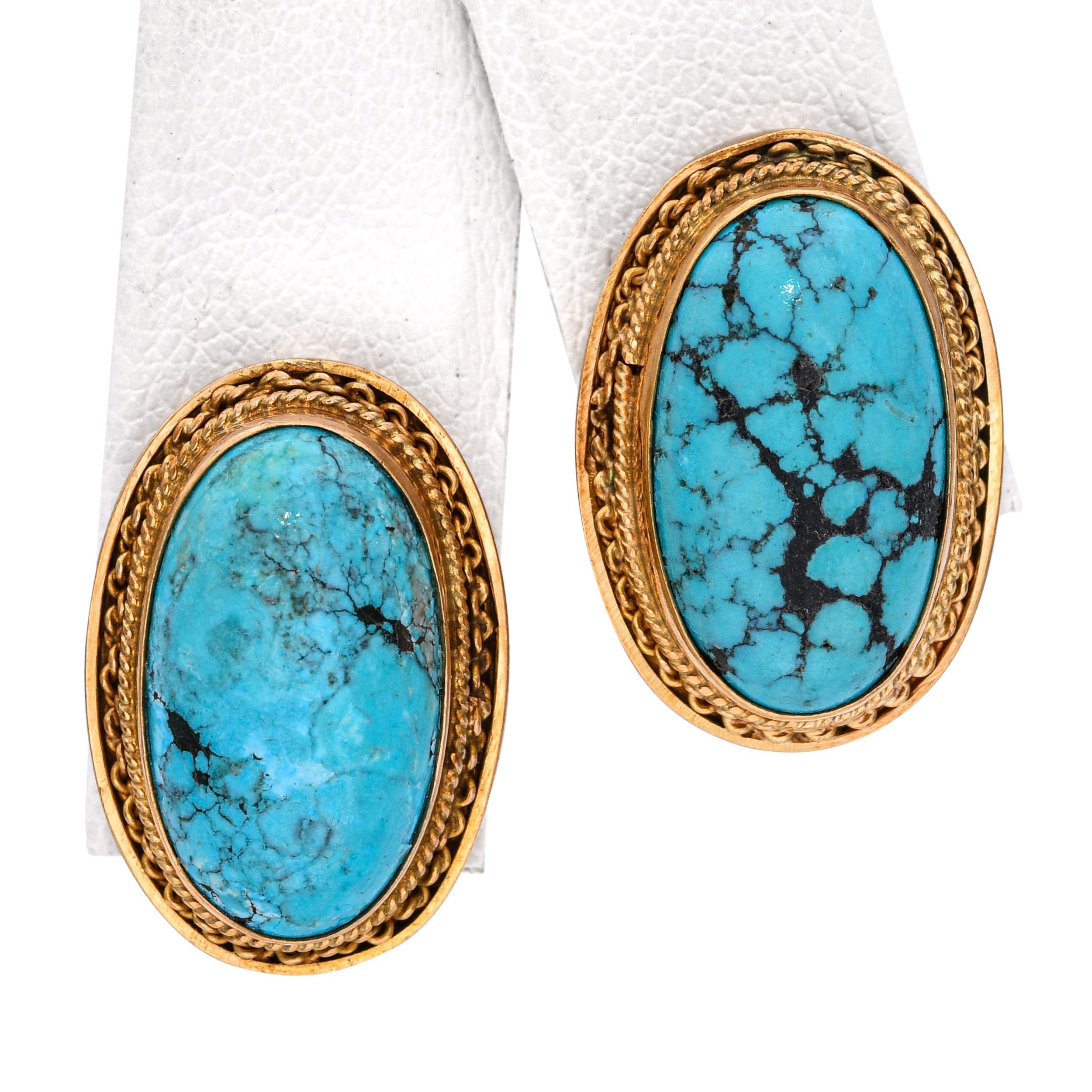 Boucles d'oreilles à pince en or jaune 18k Turquoise Pour femmes en vente