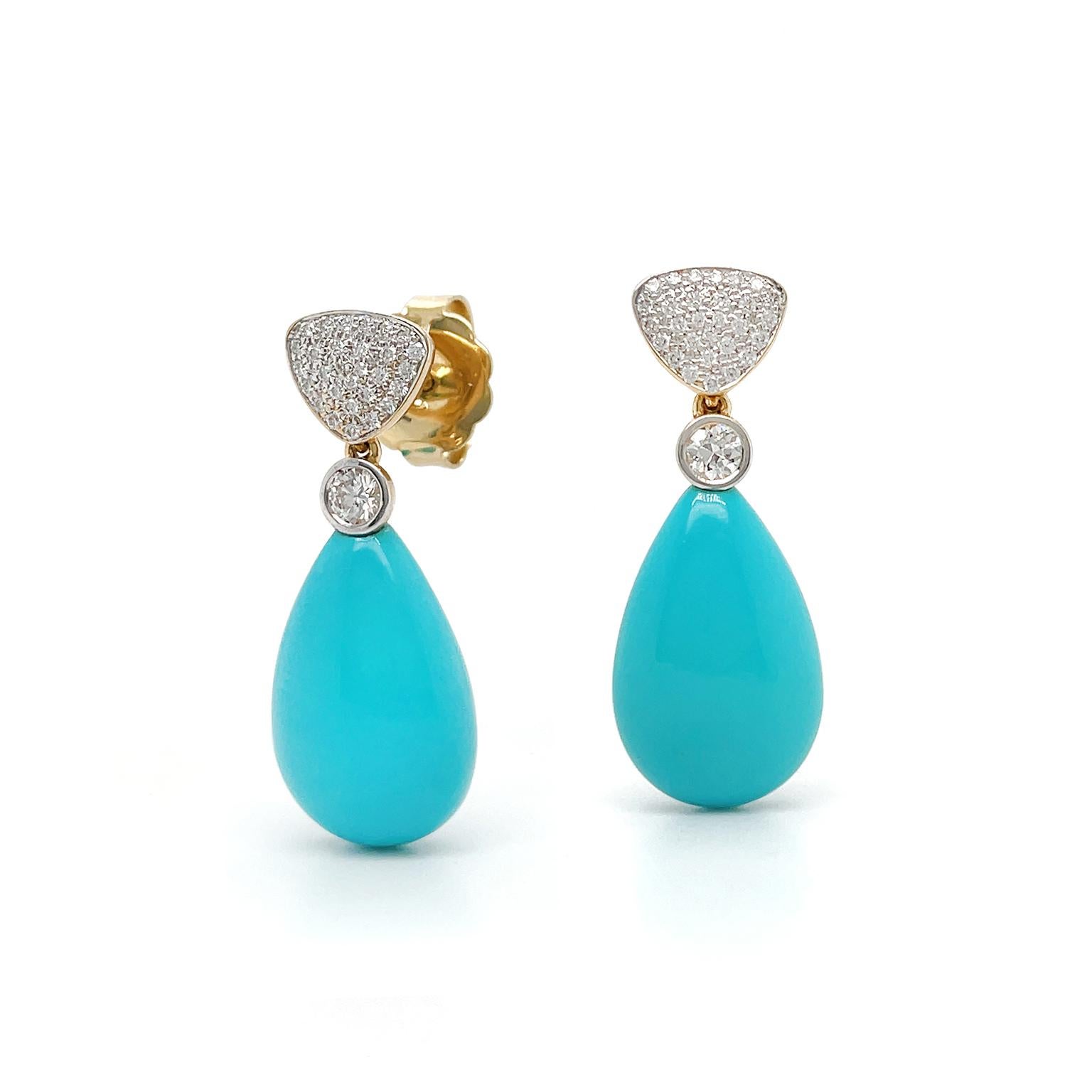 Mixed Cut 18K Yellow Gold Turquoise Diamond Drop Earrings