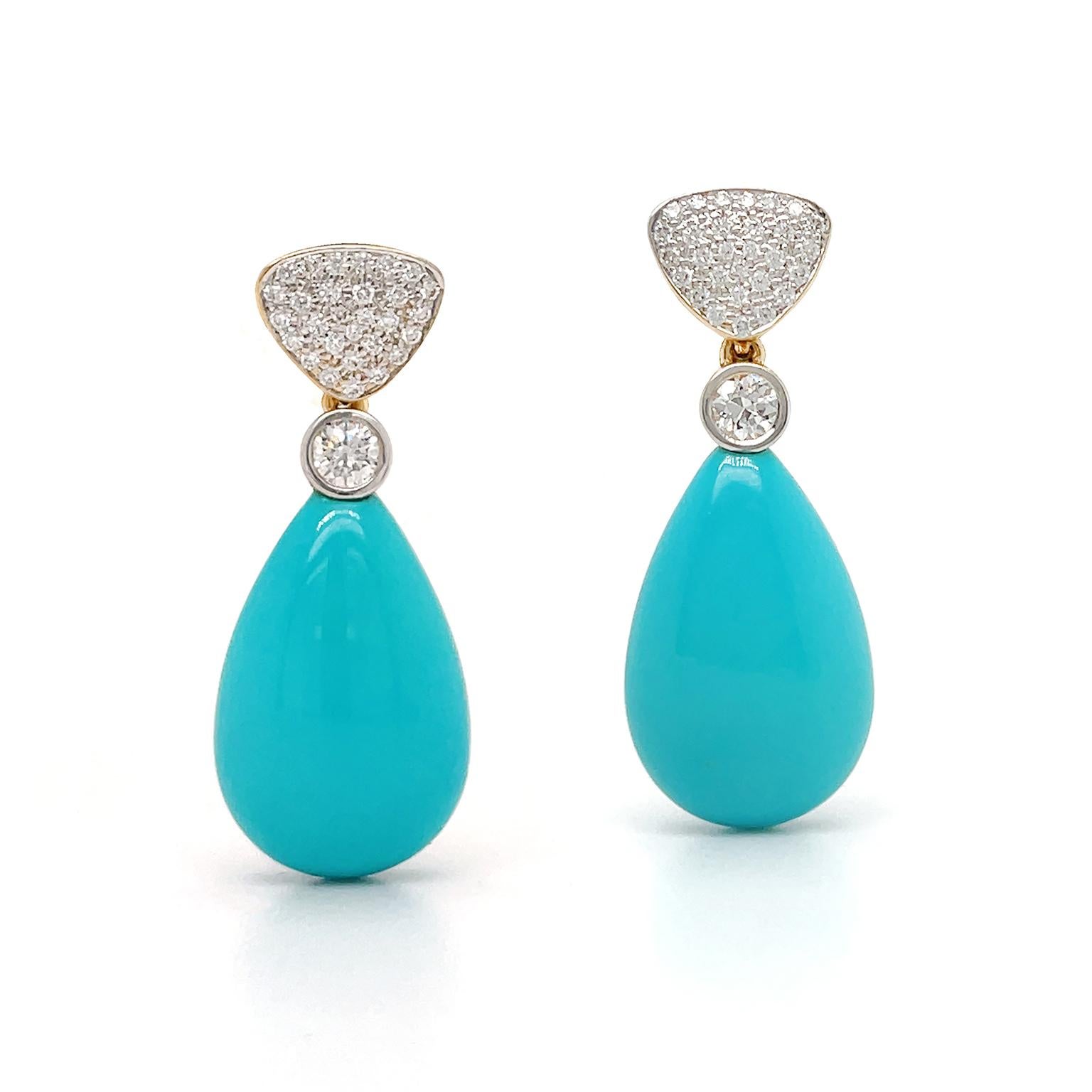 18K Yellow Gold Turquoise Diamond Drop Earrings In New Condition In New York, NY