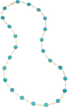 18k Yellow Gold & Turquoise Double Cabochon Necklace, Length 37"