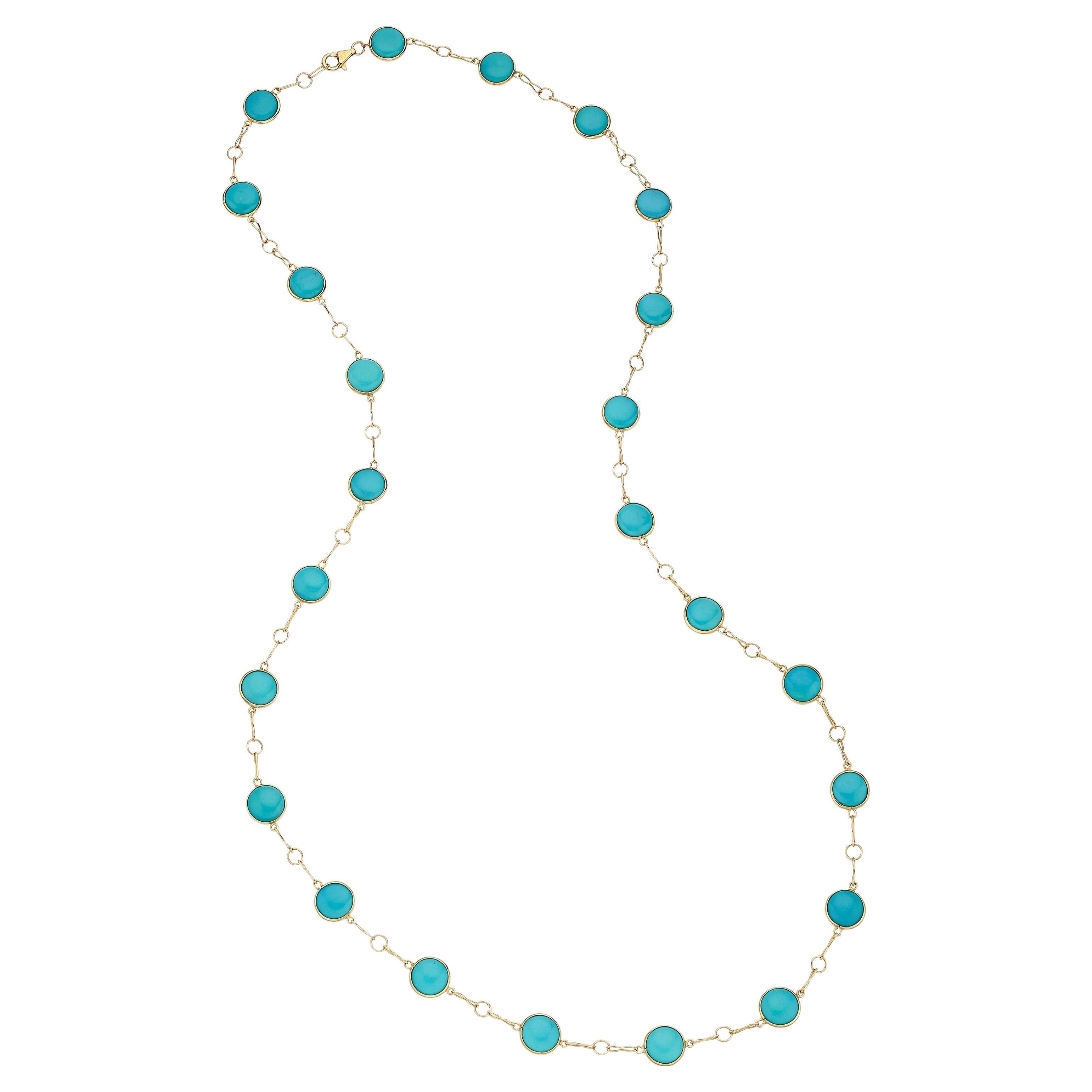 18k Yellow Gold & Turquoise Double Cabochon Necklace, Length 37"