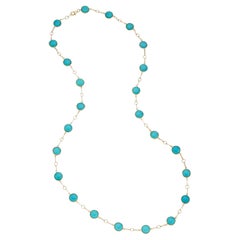 Collana con doppio cabochon in oro giallo 18k e turchese, lunghezza 37".