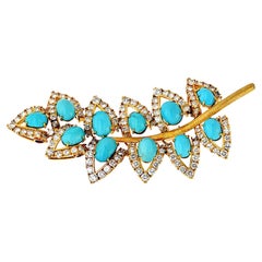 18K Yellow Gold Turquoise Leaf Motif Diamond Brooch