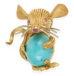 18k Yellow Gold & Turquoise Mouse Brooch with Pink Sapphire Accents, 10.9g