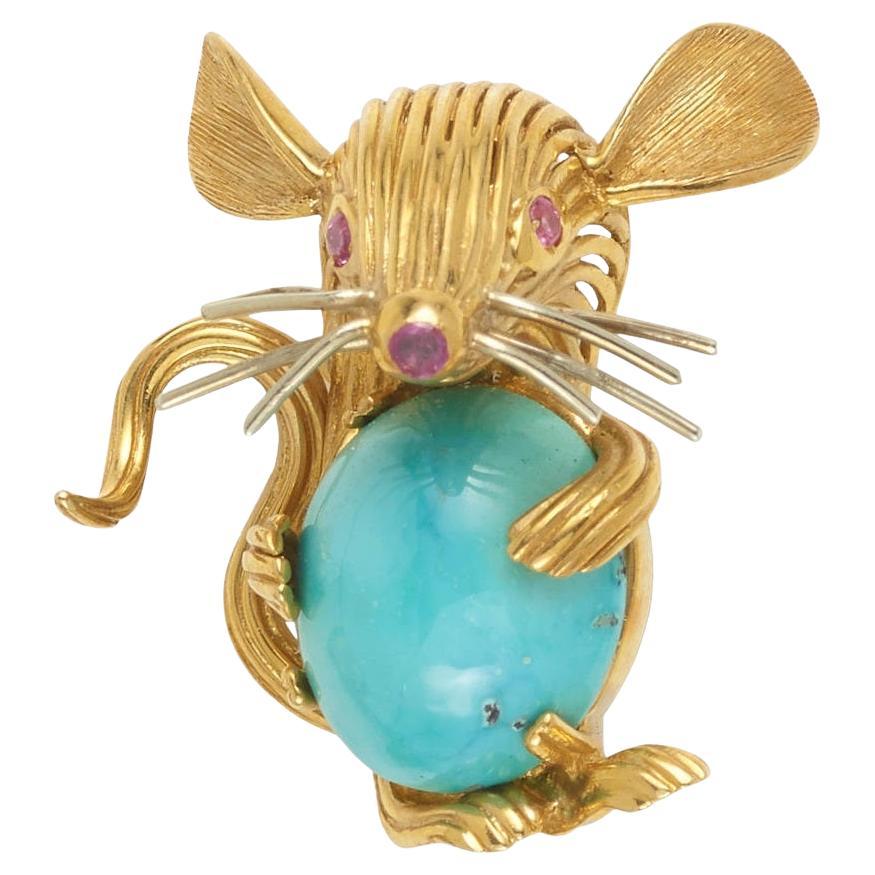 18k Yellow Gold & Turquoise Mouse Brooch with Pink Sapphire Accents, 10.9g