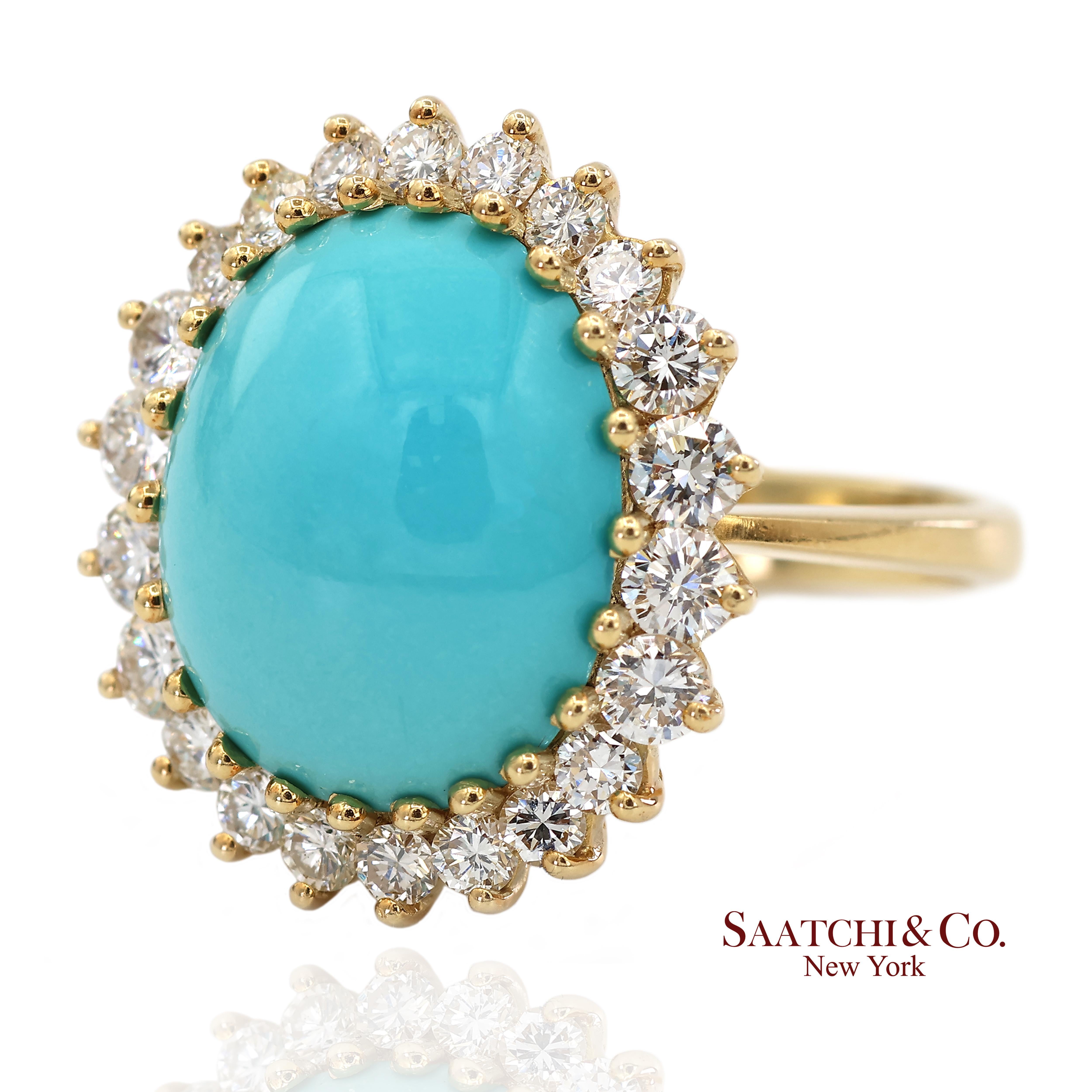 Contemporain Or jaune 18K Turquoise  Bague Halo en diamant naturel en vente