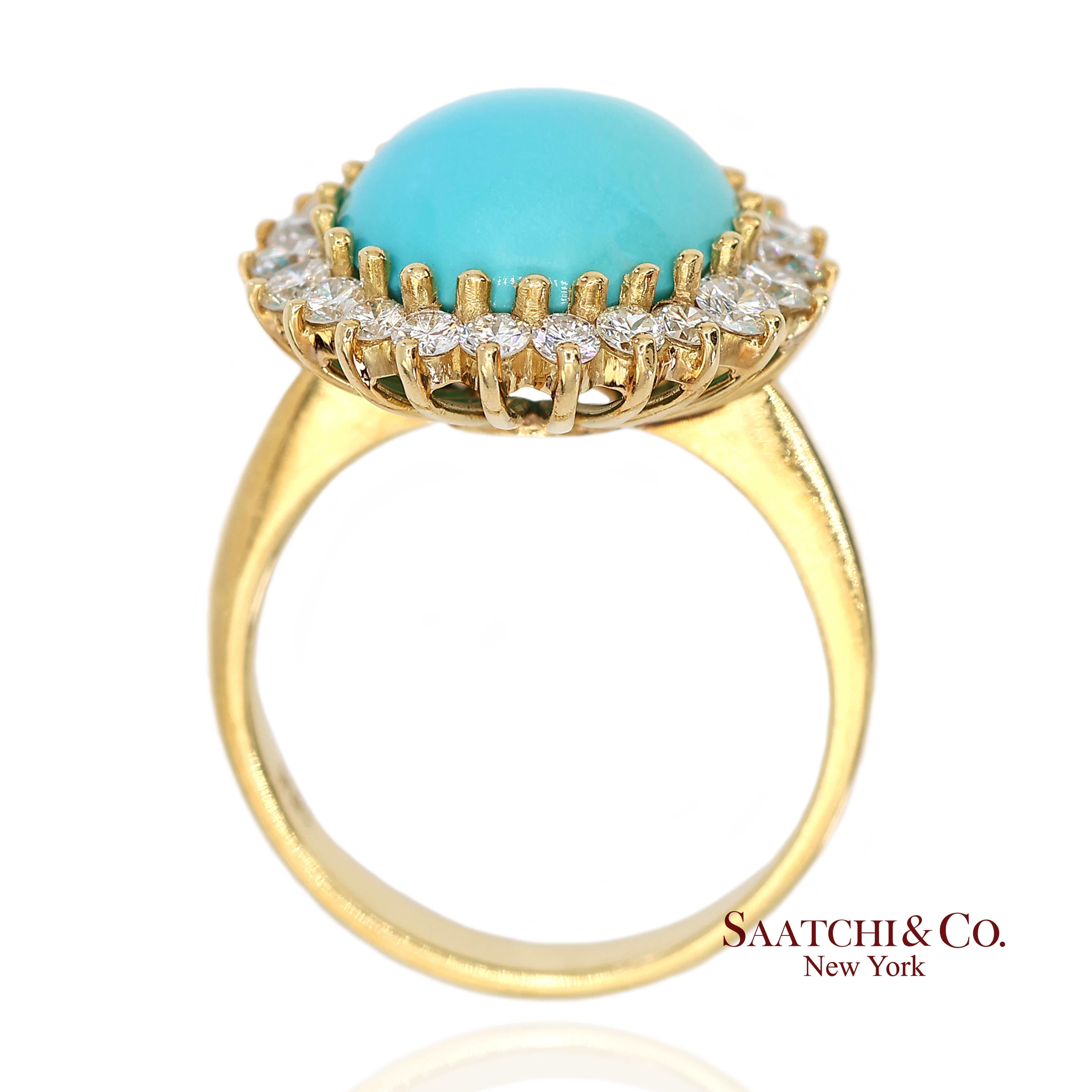 Taille brillant Or jaune 18K Turquoise  Bague Halo en diamant naturel en vente