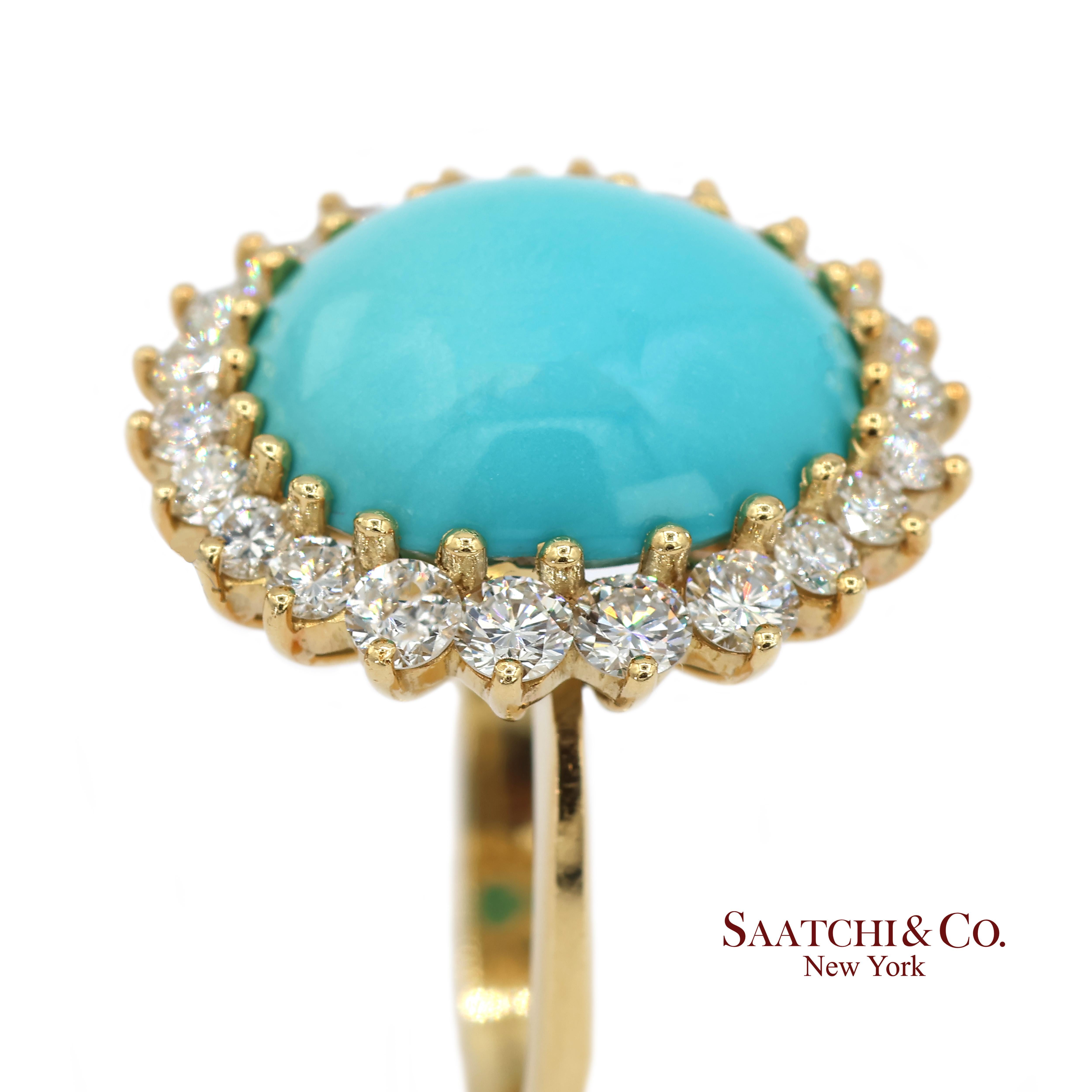 Or jaune 18K Turquoise  Bague Halo en diamant naturel Excellent état - En vente à New York, NY