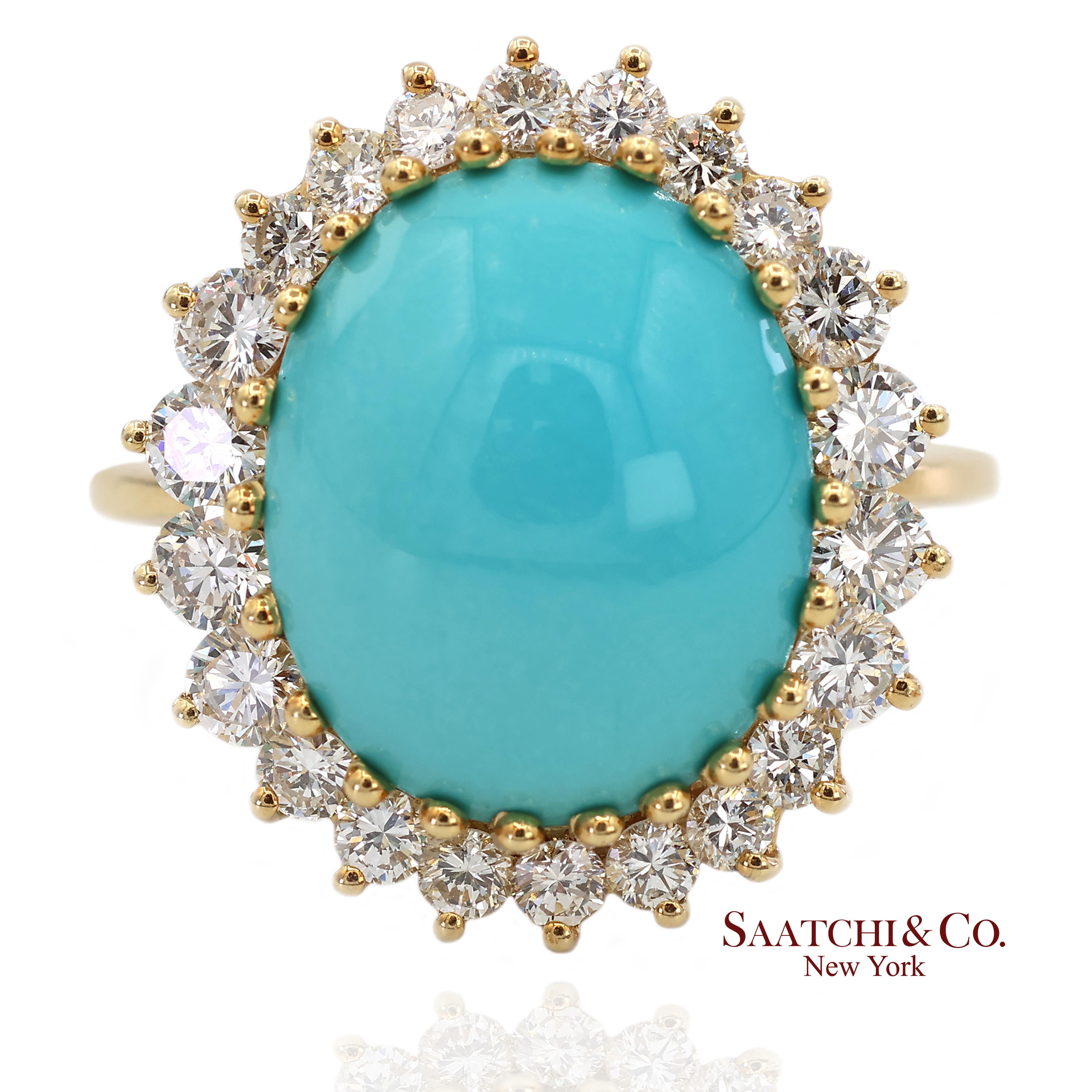 Or jaune 18K Turquoise  Bague Halo en diamant naturel en vente 1