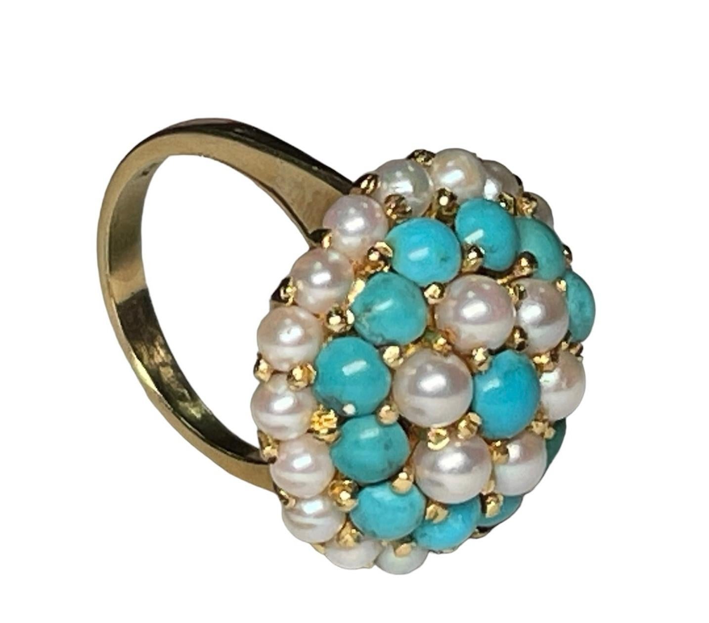 18K Yellow Gold Turquoise Pearls Dome Cocktail Ring For Sale 4