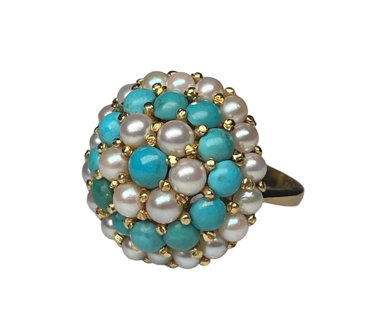 18K Yellow Gold Turquoise Pearls Dome Cocktail Ring For Sale 6