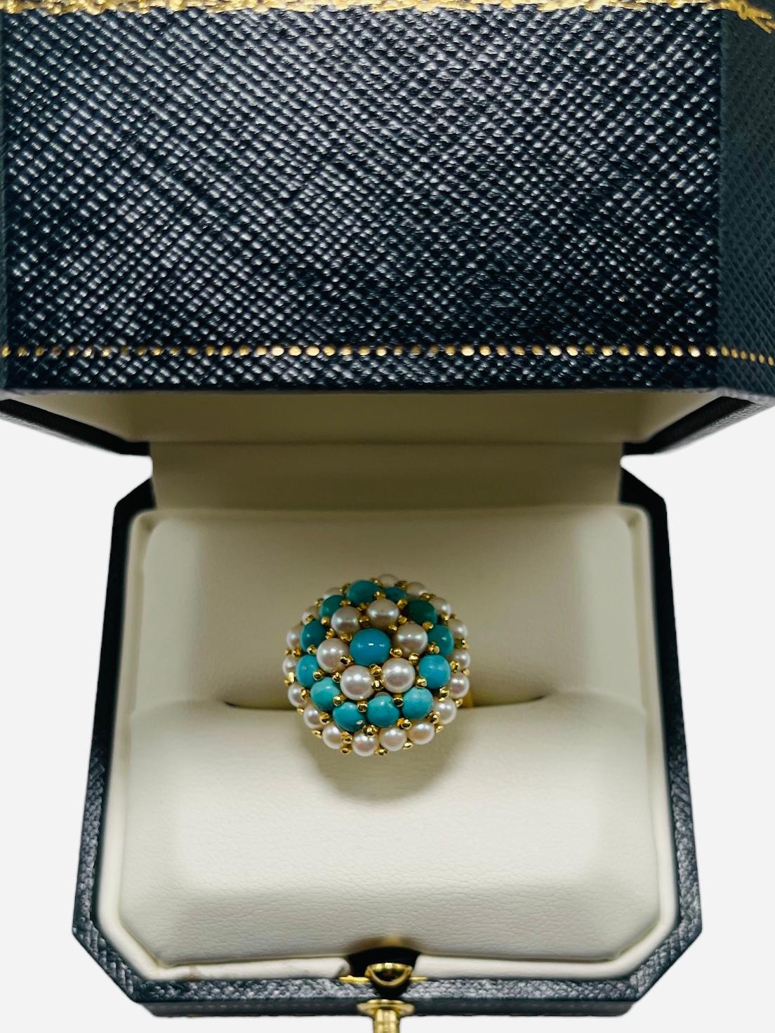 This is an 18K yellow gold Pearls and Turquoises dome cocktail ring. Its weight is 9.9 grams. There is a halo of eighteen small round pearls ( 3.4mm ) in prong setting arranged at the base followed by another halo of twelve small turquoise