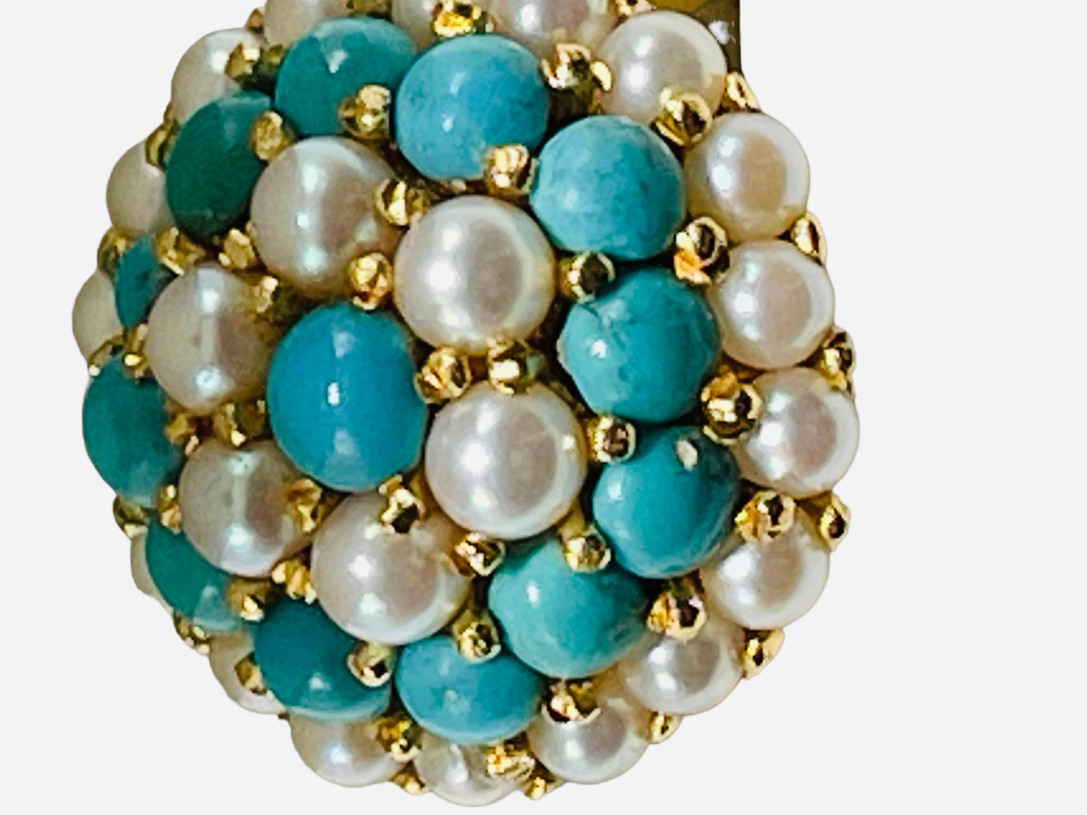 Modern 18K Yellow Gold Turquoise Pearls Dome Cocktail Ring For Sale