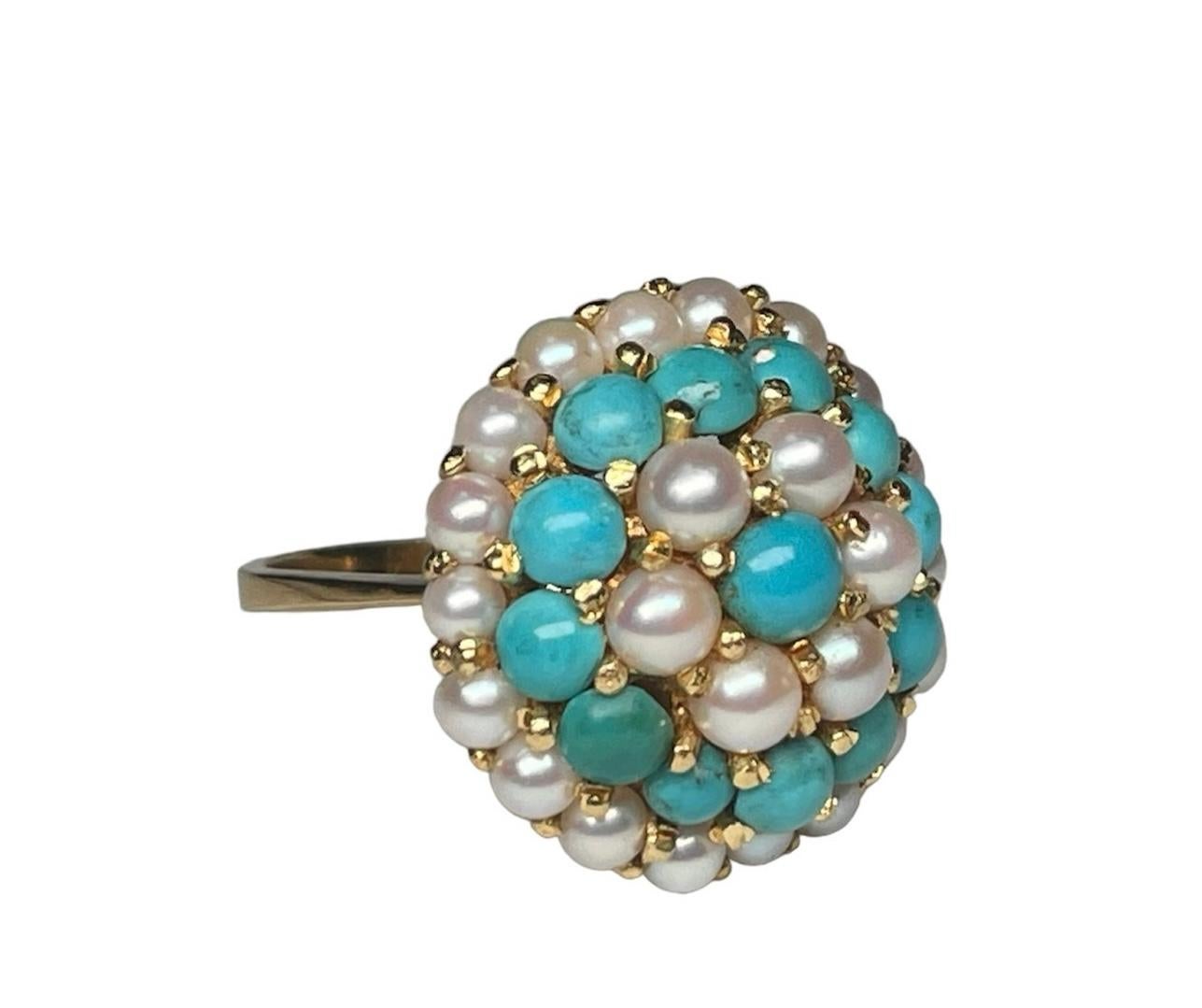 Round Cut 18K Yellow Gold Turquoise Pearls Dome Cocktail Ring For Sale