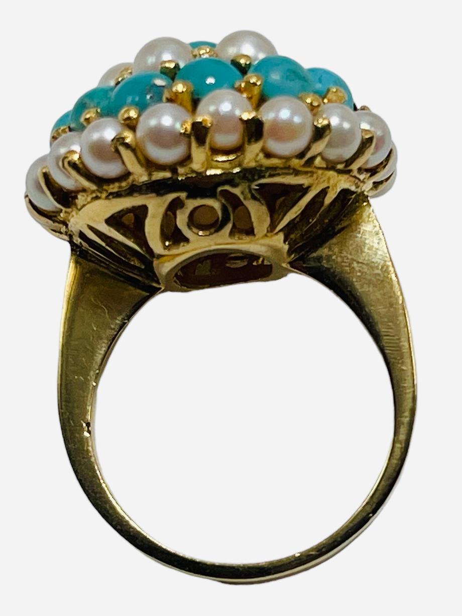 18K Yellow Gold Turquoise Pearls Dome Cocktail Ring In Good Condition For Sale In Guaynabo, PR