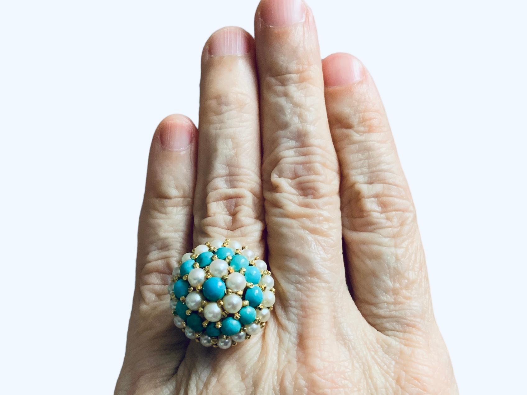 Women's 18K Yellow Gold Turquoise Pearls Dome Cocktail Ring For Sale