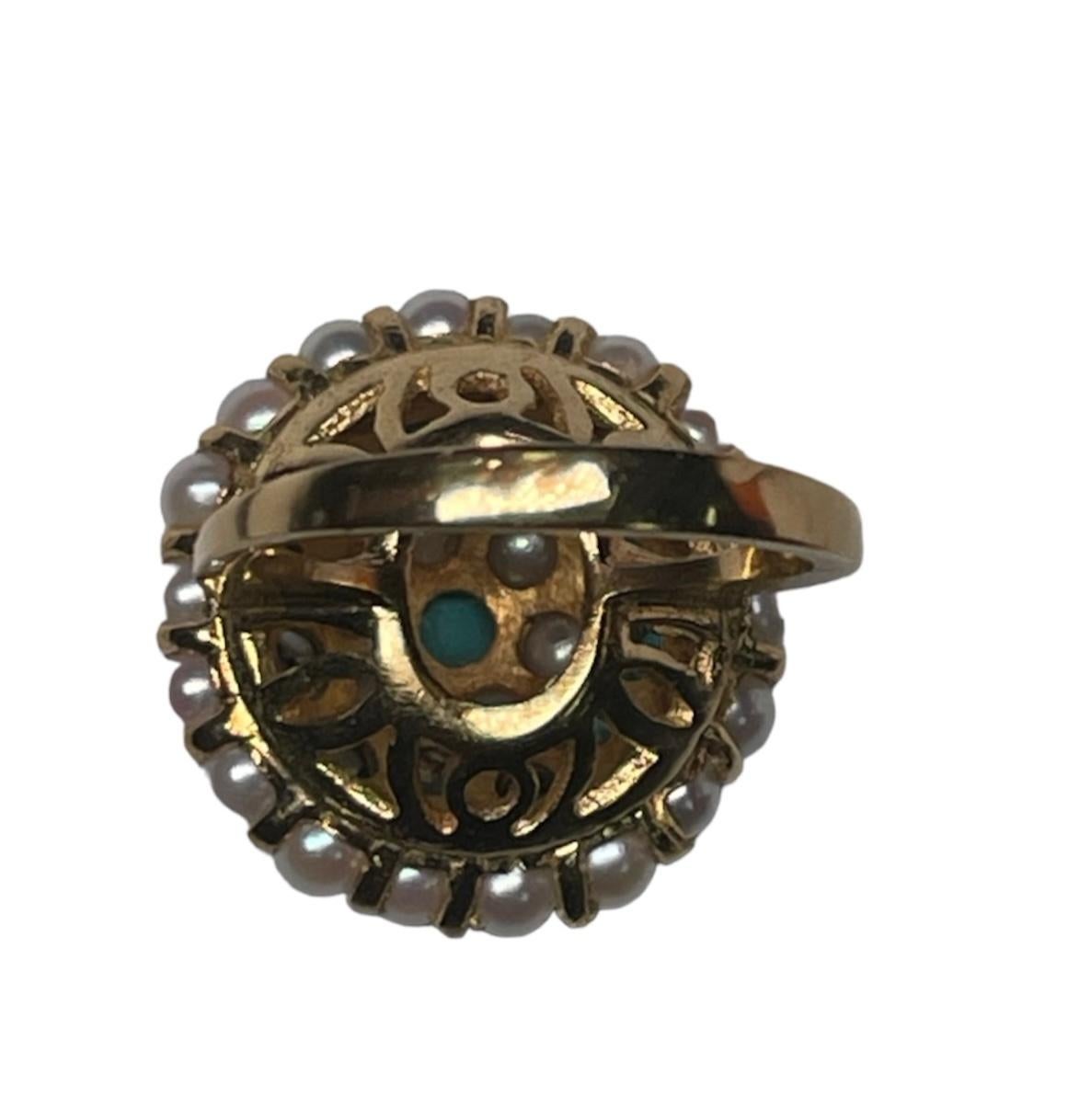 Women's 18K Yellow Gold Turquoise Pearls Dome Cocktail Ring For Sale