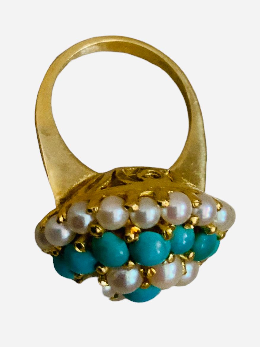 18K Yellow Gold Turquoise Pearls Dome Cocktail Ring For Sale 1