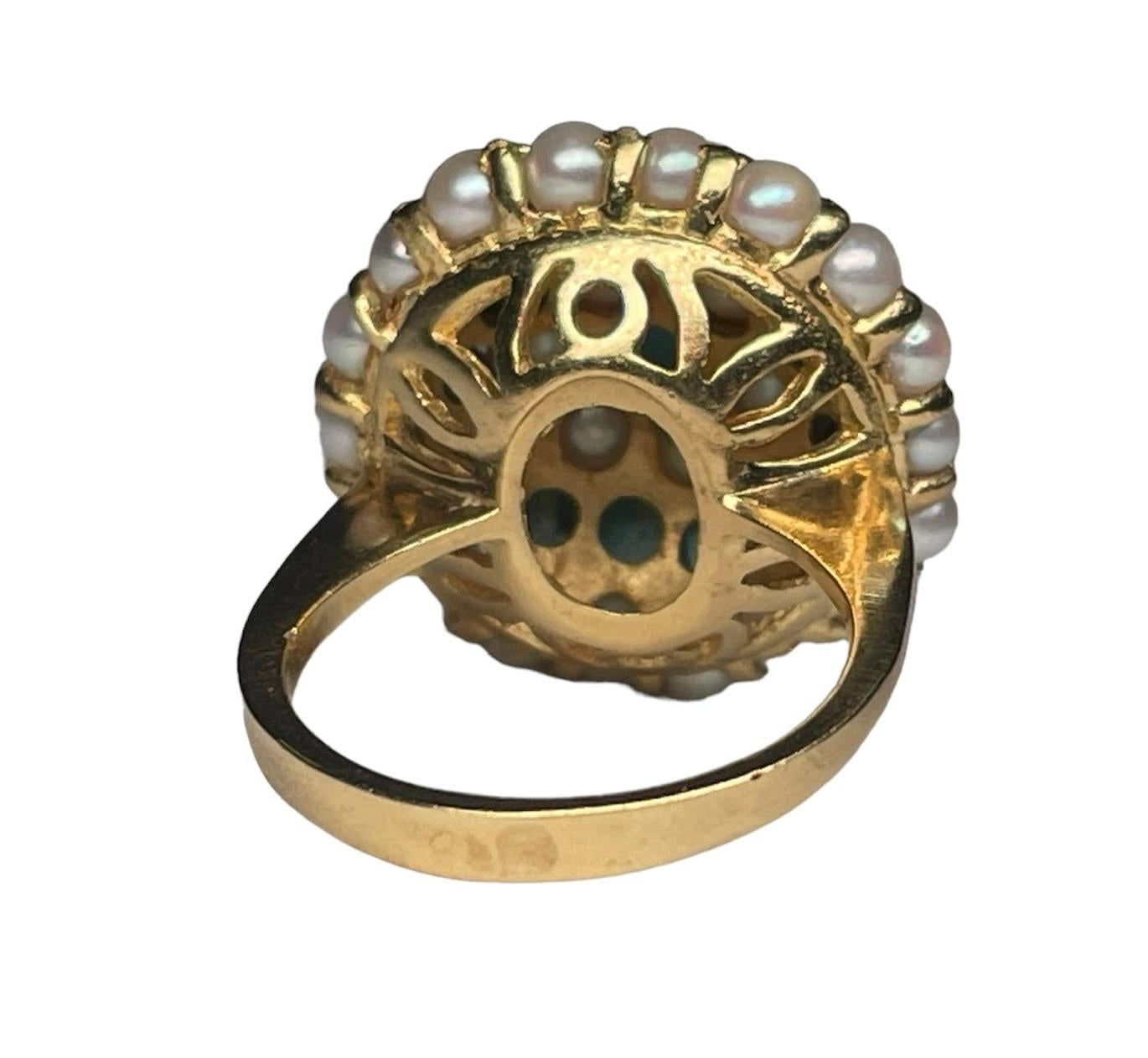 18K Yellow Gold Turquoise Pearls Dome Cocktail Ring For Sale 1