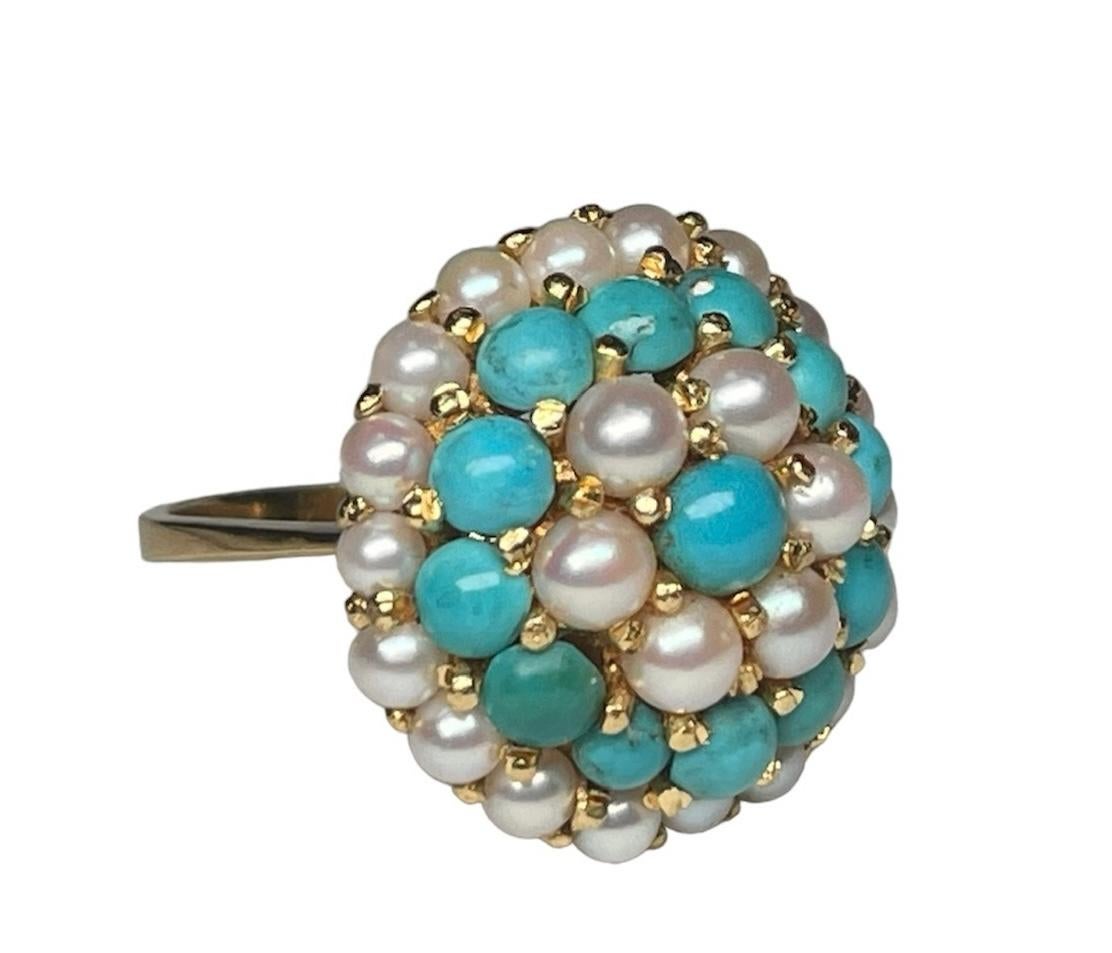 18K Yellow Gold Turquoise Pearls Dome Cocktail Ring For Sale 2