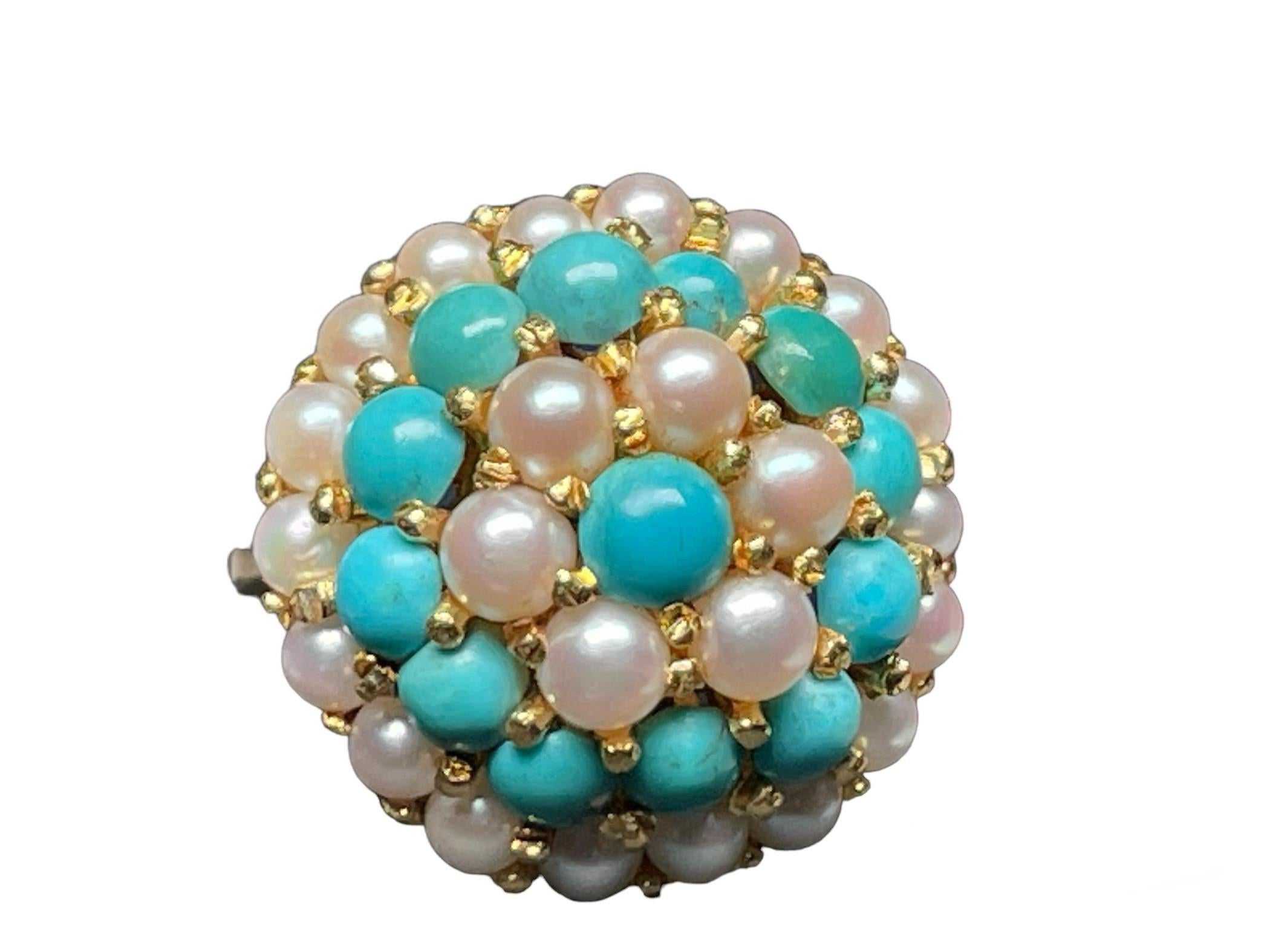 18K Yellow Gold Turquoise Pearls Dome Cocktail Ring For Sale 3