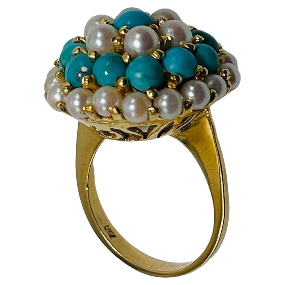 18K Yellow Gold Turquoise Pearls Dome Cocktail Ring For Sale