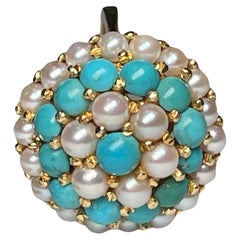 18K Yellow Gold Turquoise Pearls Dome Cocktail Ring