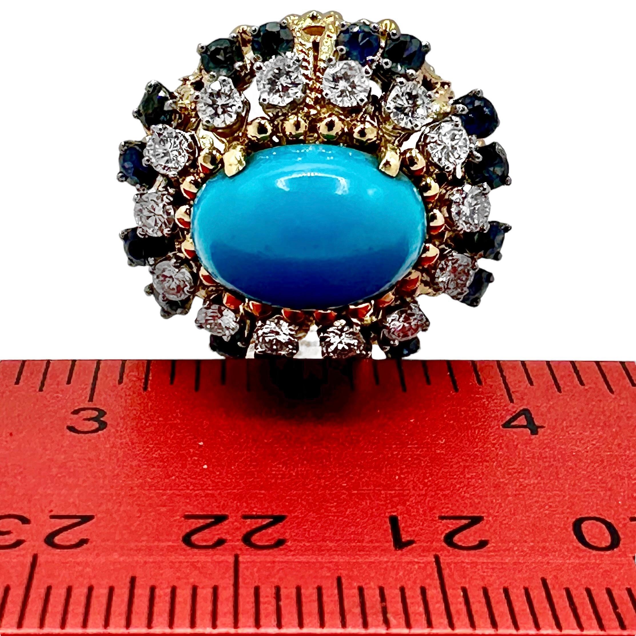 18K Yellow Gold, Turquoise, Sapphire and Diamond 1960's Cocktail Ring For Sale 4