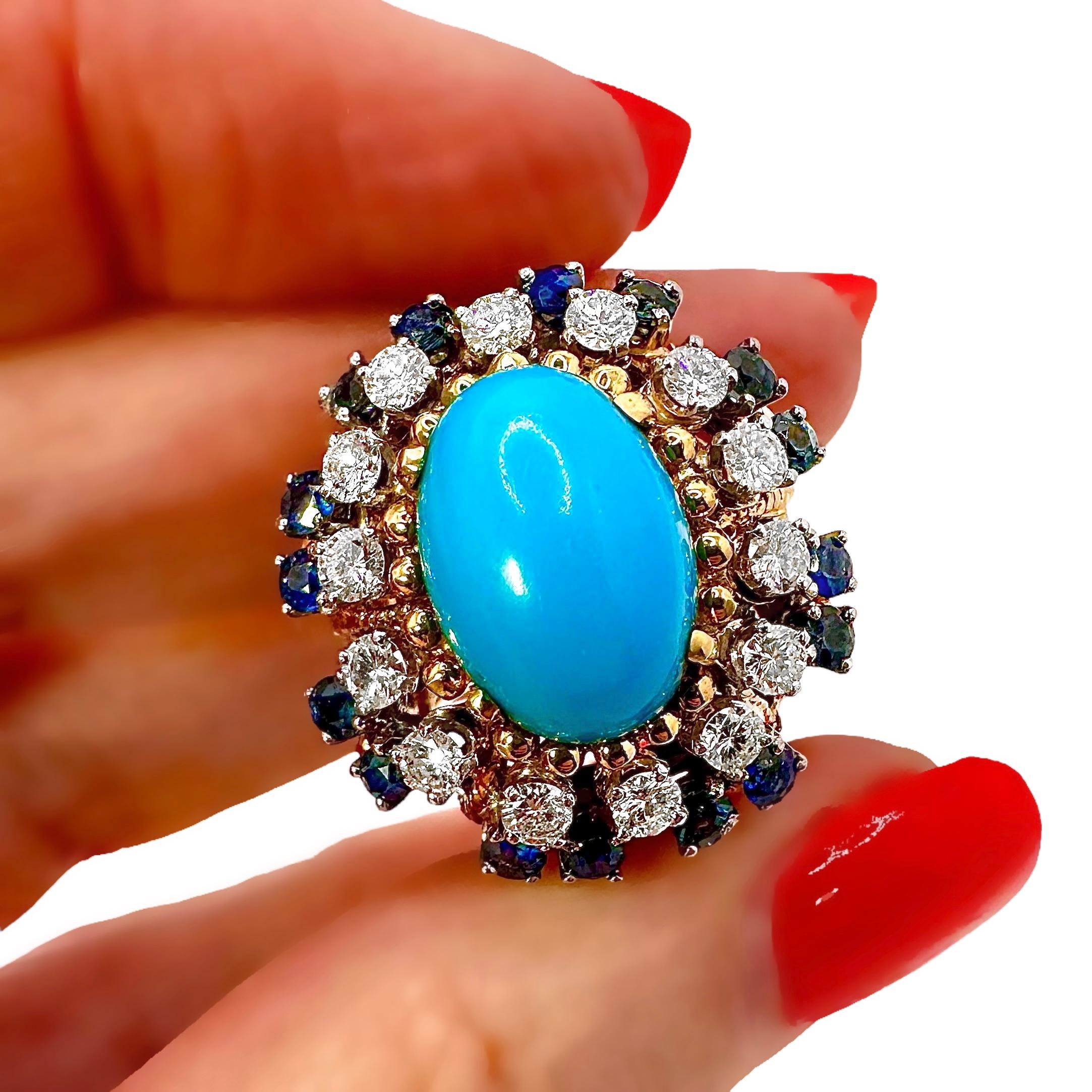 18K Yellow Gold, Turquoise, Sapphire and Diamond 1960's Cocktail Ring For Sale 5