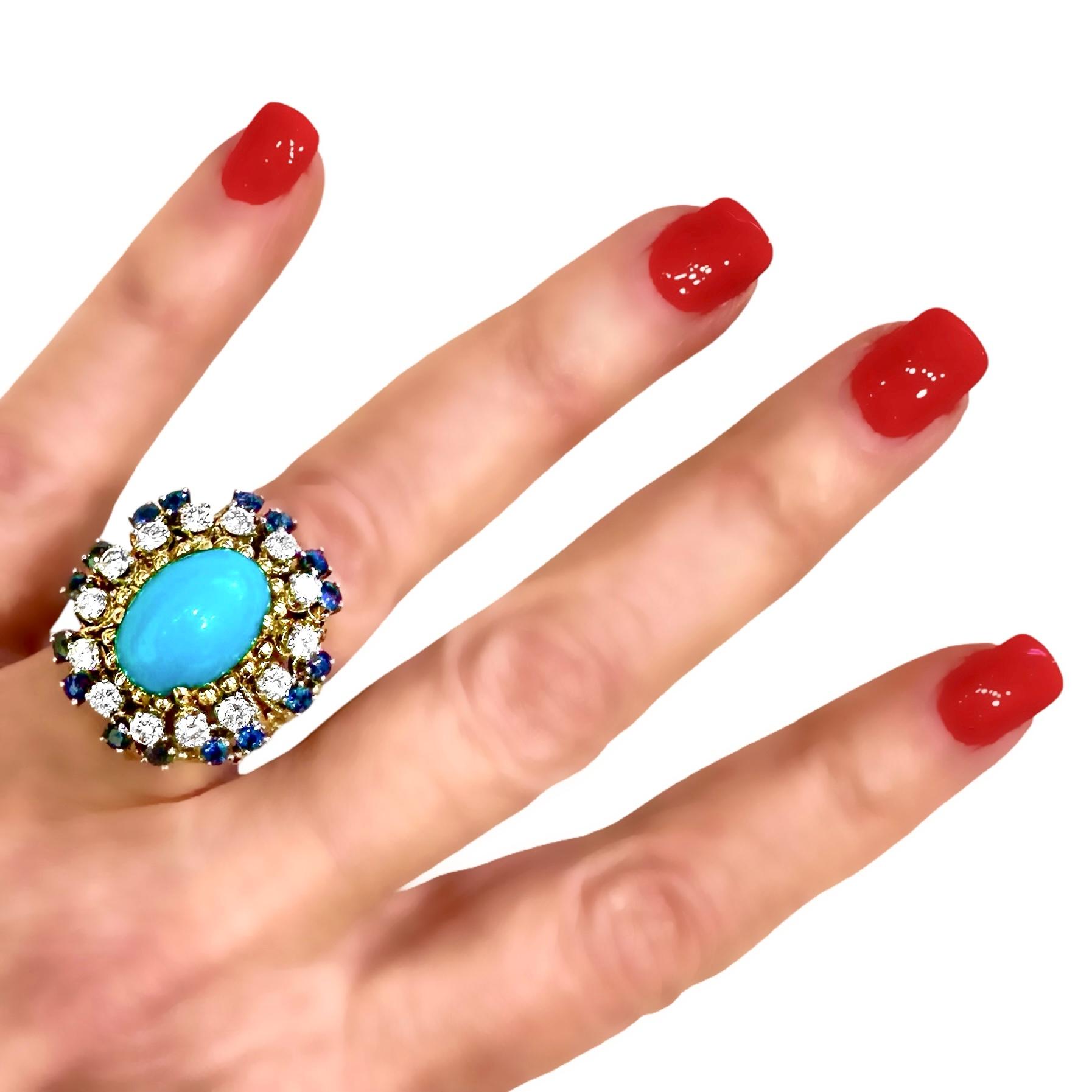 18K Yellow Gold, Turquoise, Sapphire and Diamond 1960's Cocktail Ring For Sale 6