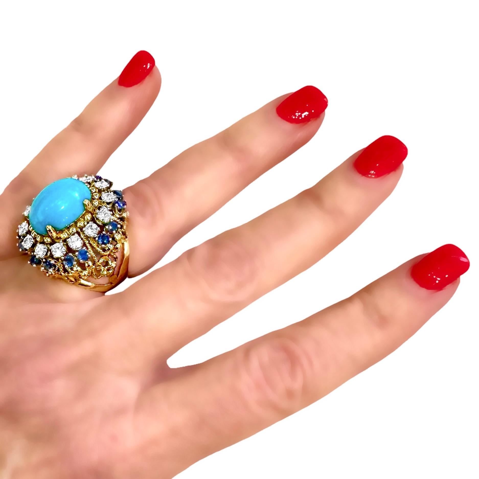 18K Yellow Gold, Turquoise, Sapphire and Diamond 1960's Cocktail Ring For Sale 7